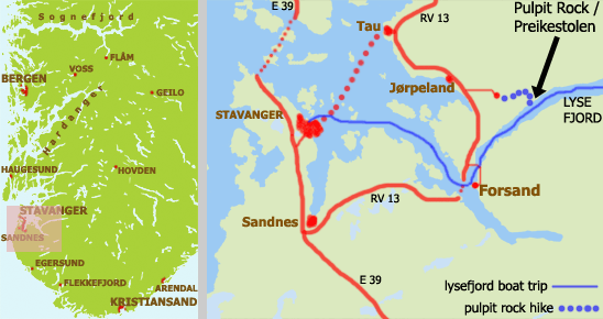 map of Stavanger Pulpit Rock and Lysefjord showing the hike and the boat trip