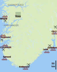 location map showing the Voss area in south Norway