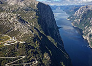 View of Lysefjord and Kjerag and the road down to Lysebotn