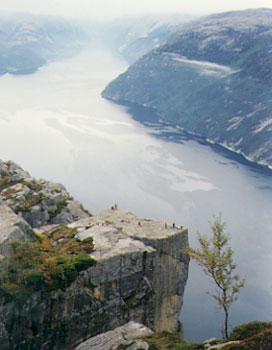looking down on the people standing on pulpit rock, and further east along lysefjord